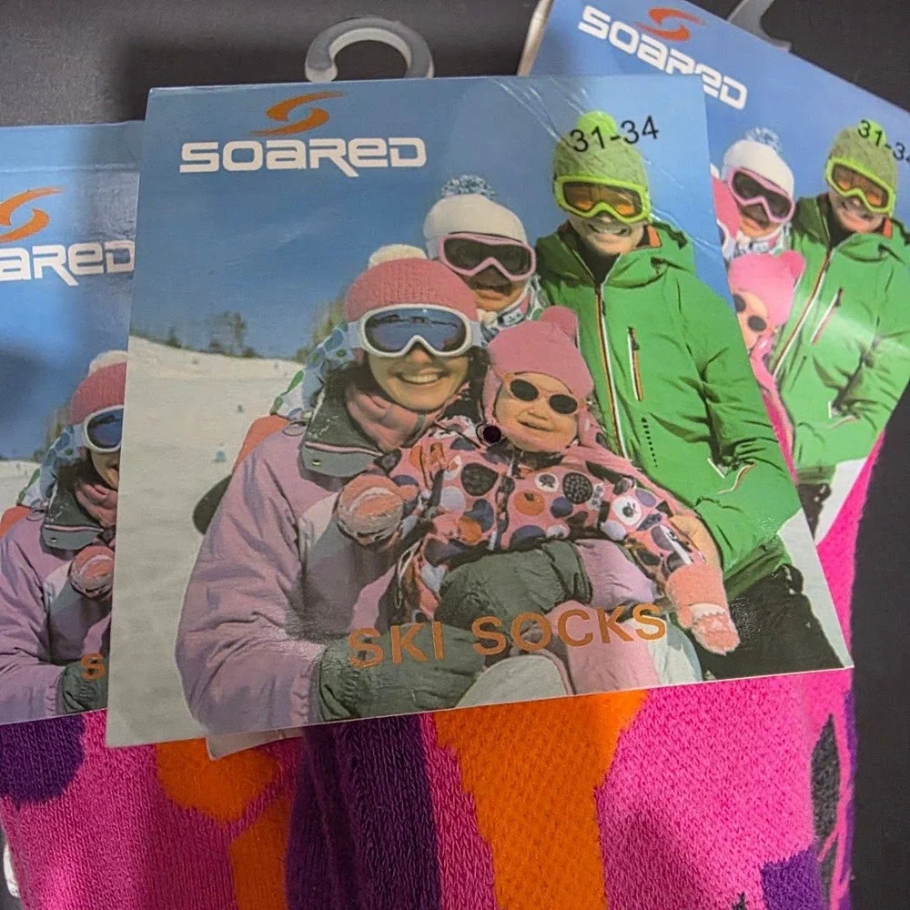 SOARED Kids Ski Socks 3 Pack Pink Purple Orange Winter Snowboard Athletic 31-34